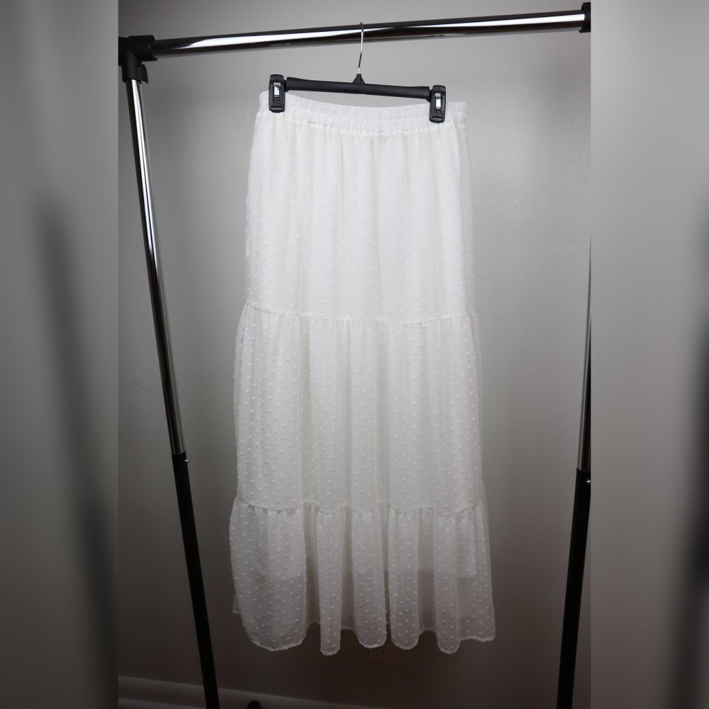 Merokeety White Swiss Dot Chiffon Maxi Skirt High Waist Flowy Size L